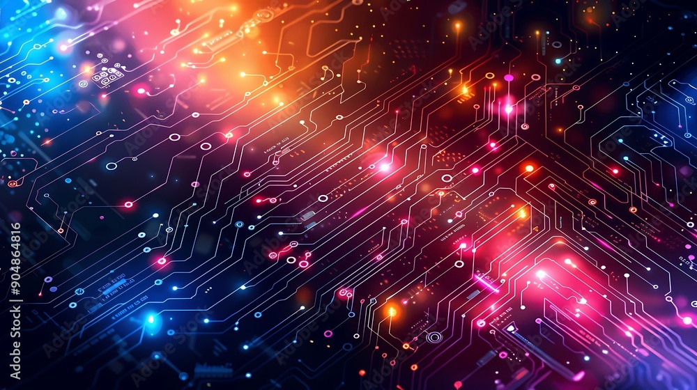 Poster close-up view of a high-tech circuit board with glowing orange lights and advanced microchips repres