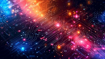 Obraz premium Close-Up View of a High-Tech Circuit Board with Glowing Orange Lights and Advanced Microchips Representing Modern Technology