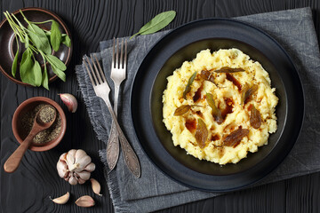 Brown Butter Potato Mash with fried sage leaves
