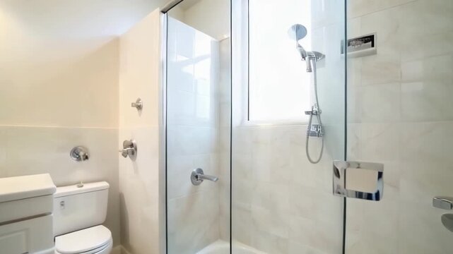 A modern bathroom showcasing a glass shower, sink, and minimalist decor, emphasizing cleanliness and functionality