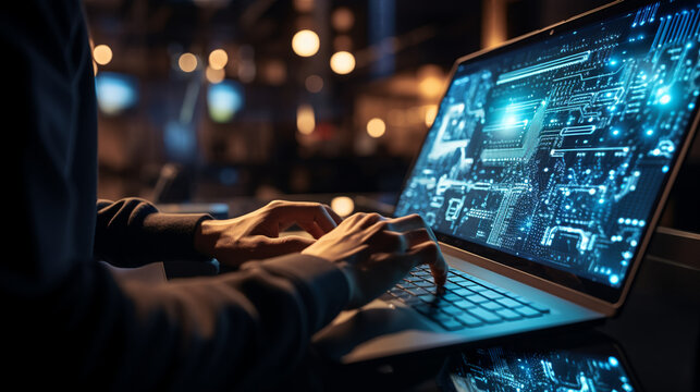 Digital technology, software development concept. Coding programmer, software engineer working on laptop with circuit board and javascript on virtual screen, internet of things IoT.