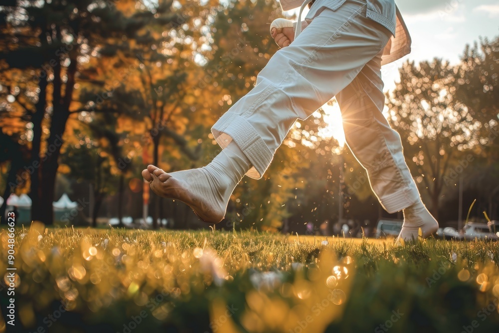 Poster a person is jogging in a park with trees and the sun setting in the background, focus on the precisi