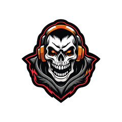 A skull mascot wearing headphones with orange accents.