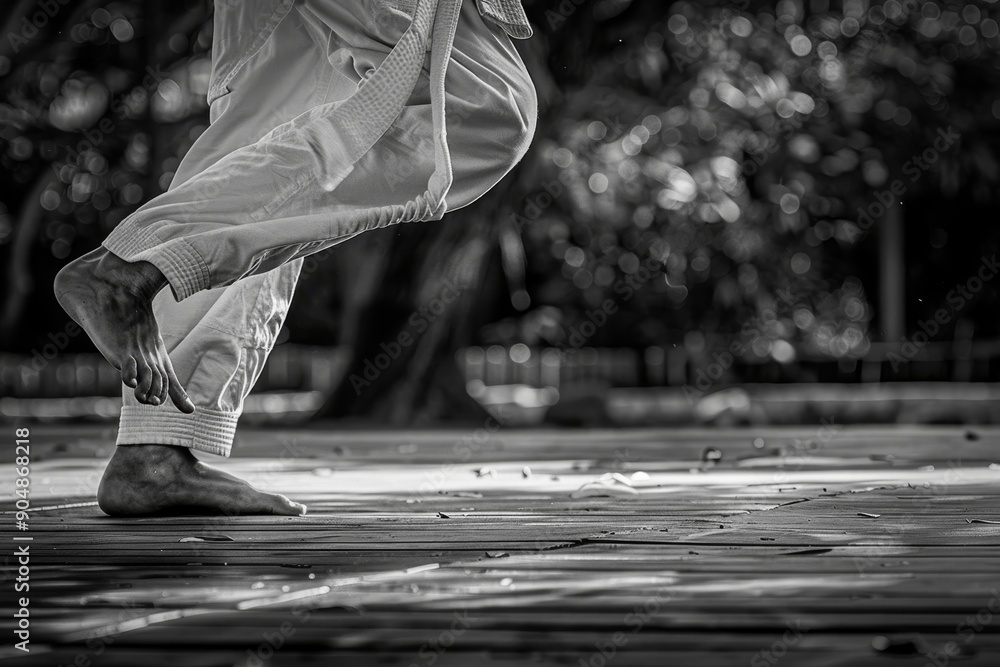 Poster a black and white image of a person executing karate moves with precision and focus, focus on the pr