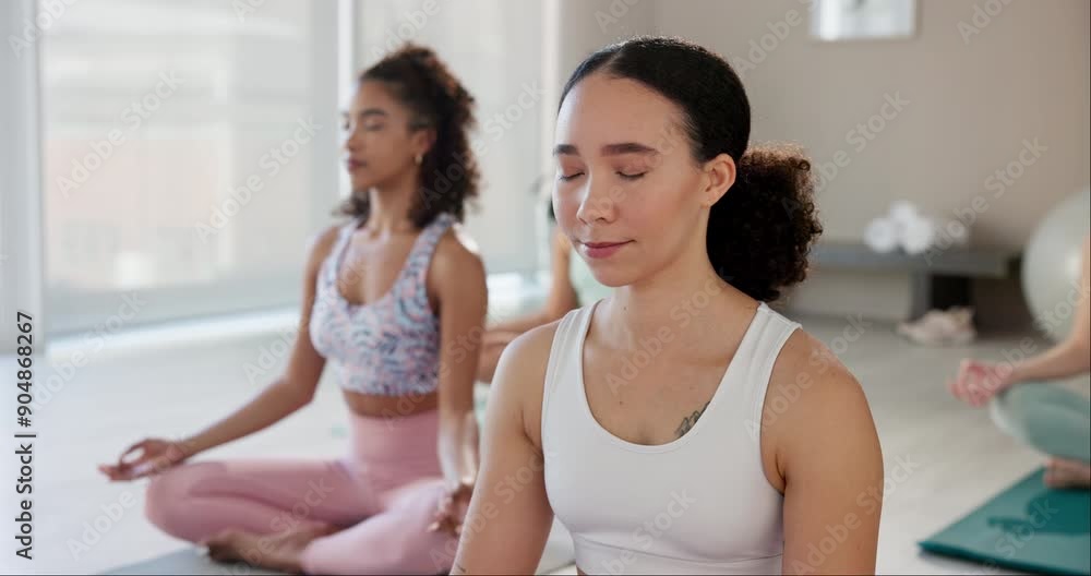 Poster Meditation, yoga and zen with women on floor of studio for mental health, mindfulness or wellness. Breathing, calm and inner peace with friends in class for balance, holistic health or pilates