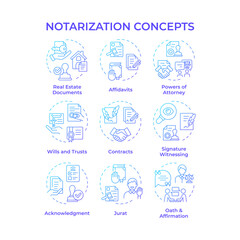 Notarization blue gradient concept icons. Contract business, notary services. Will and trust. Icon pack. Vector images. Round shape illustrations for infographic, presentation. Abstract idea