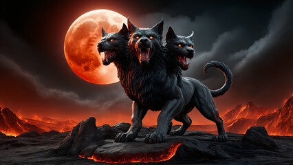 Cerberus, the three head guardian of the entrance to the underworld in Greek mythology. 
