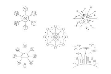 Set of Technology and Network Line Art Vector Illustrations
