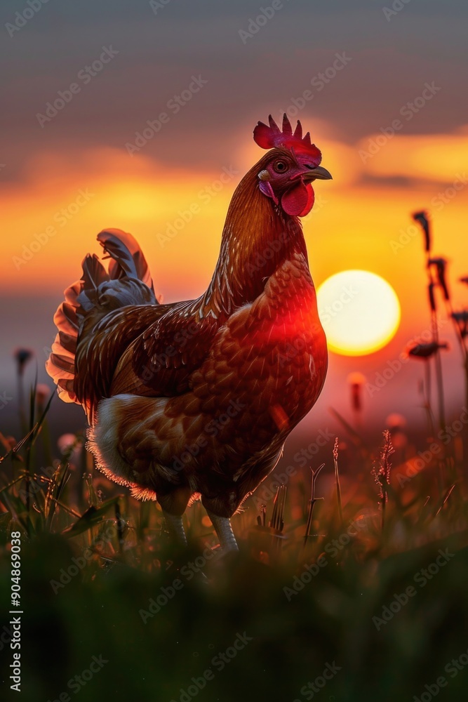 Poster rooster in a field at sunset