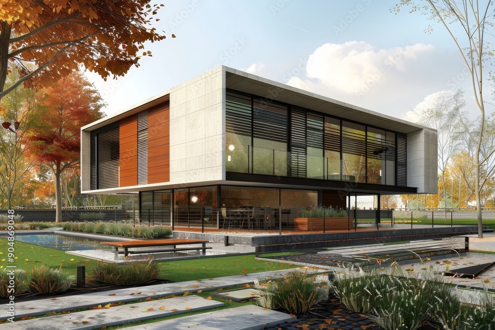 Poster modern private house 3d rendering on architectural blueprint for residential design visualization