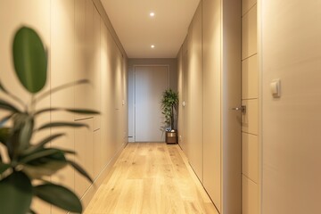 Fototapeta premium Warm toned corridor with wooden floor and plant