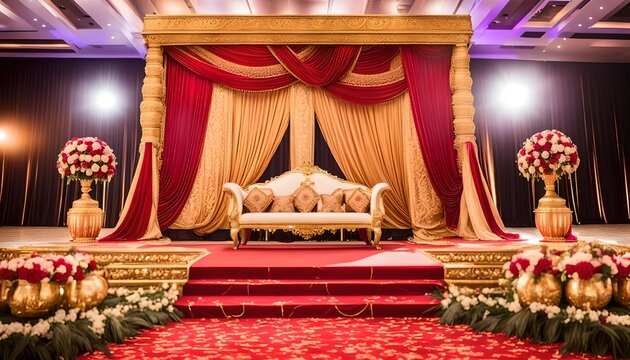 Grand Indian wedding stage with velvet curtains and gold accents
