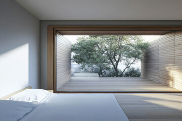 Fototapeta premium Large window in a luxury property room with minimal furniture and beige wall panels. Residential realty interiors with minimalist furniture.