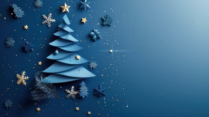 minimalistic, elegant Christmas background, cut-out chirstmas tree on blue background with stars