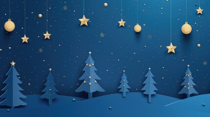Fototapeta premium minimalistic, elegant Christmas background, cut-out pine trees on blue background with stars