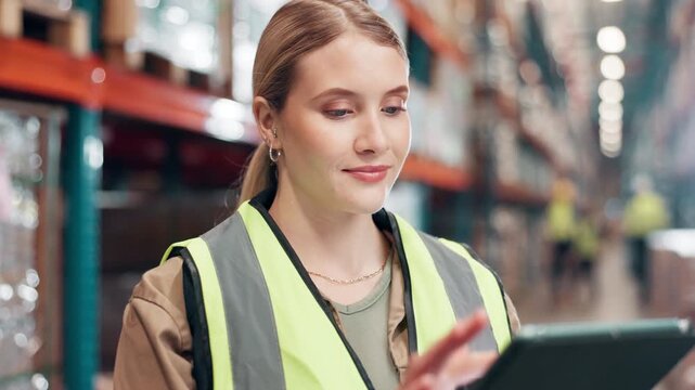 Typing, online and woman with tablet, warehouse and happy with inspection of stock and checklist. Smile, understanding and reading of email for logistics, app and planning for shipping of cargo