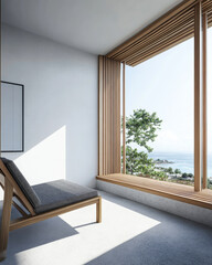 Fototapeta premium Large window in a luxury property room with minimal furniture and beige wall panels. Residential realty interiors with minimalist furniture.