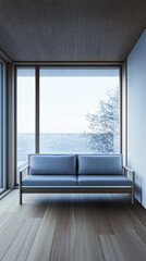 Fototapeta premium Large window in a luxury property room with minimal furniture and beige wall panels. Residential realty interiors with minimalist furniture.
