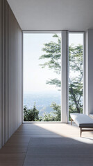 Fototapeta premium Large window in a luxury property room with minimal furniture and beige wall panels. Residential realty interiors with minimalist furniture.