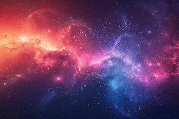Blue, red, pink and purple galaxy with stars are scattered throughout the image