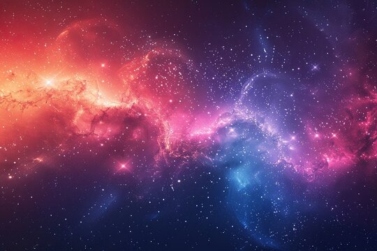 Blue, red, pink and purple galaxy with stars are scattered throughout the image