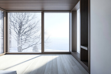 Fototapeta premium Large window in a luxury property room with minimal furniture and beige wall panels. Residential realty interiors with minimalist furniture.