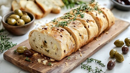 Indulge in crusty artisanal bread, slathered in flavorful butter and accompanied by juicy olives, creating a symphony of textures and tastes.
