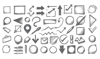 Sketch line frames, pointers. Doodle arrow, circle, oval and square shape frame, check mark elements. Freehand black marker, pen underline and navigation symbols. Vector set