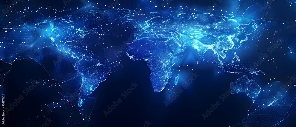 Poster glowing world map with cosmic connectivity and network patterns
