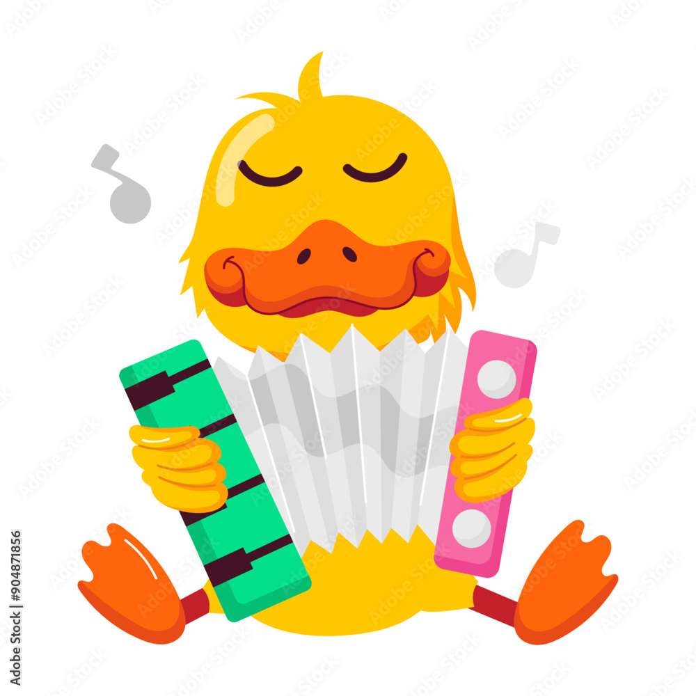 Poster cute duck playing accordion music, flat sticker