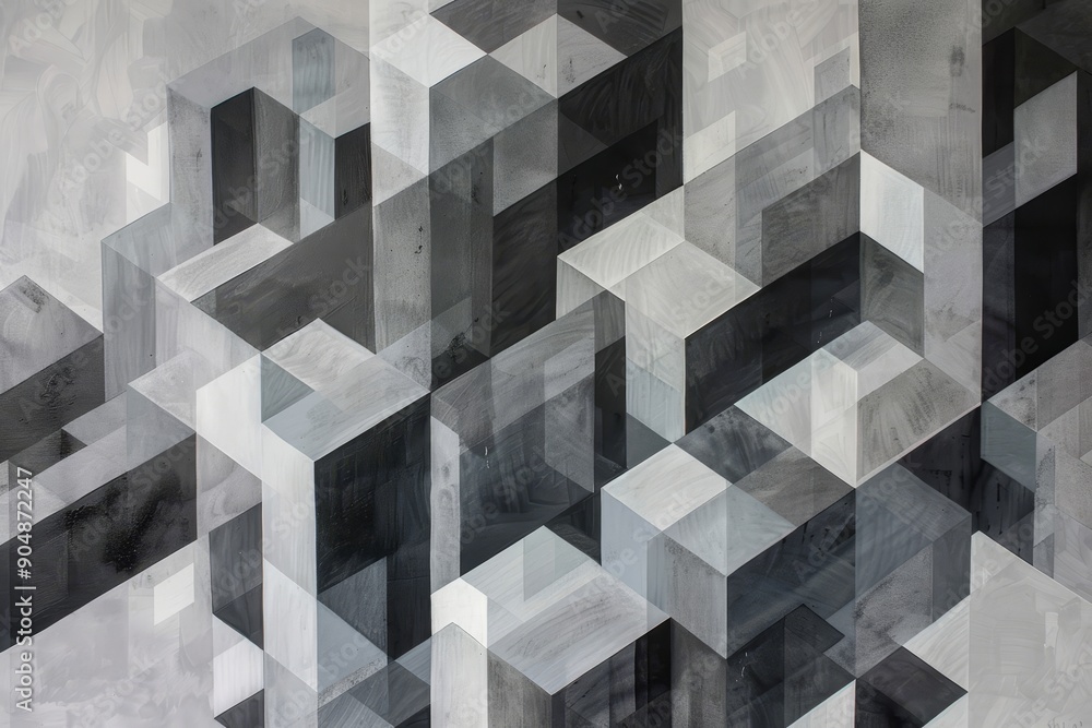 Poster geometric design featuring black and white shapes arranged in an abstract pattern, form a geometric 