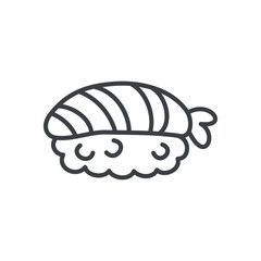 Cute shrimp sushi icon. Hand drawn monochrome illustration of an ebi maki isolated on a white background. Kawaii sticker. Vector 10 EPS.