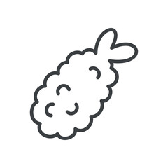 Cute ebi tempura icon. Hand drawn monochrome illustration of a fried shrimp isolated on a white background. Kawaii sticker. Vector 10 EPS.