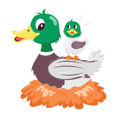 Cartoon style sticker of mama duck with baby 

