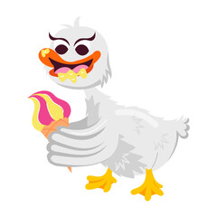 Comic style sticker showing a duck eating dessert 

