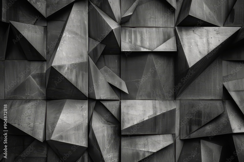 Poster black and white geometric wall with various shapes and patterns creating a striking visual display, 