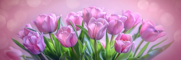 Obraz premium After the rain in the valley,tulips with purple flowers bloom against a green background.