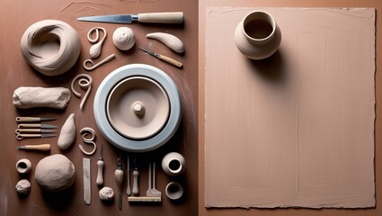 Pottery tools and clay setup on a wooden table with a blank notebook for pottery notes