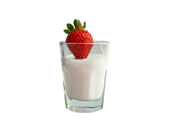 Fresh strawberries in a glass of milk, isolated on white background.