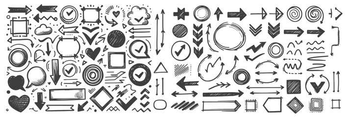 Collection of Hand-Drawn Geometric and Arrow Symbols in Black and White. A diverse collection of hand-drawn geometric shapes, arrows, and symbols in black and white. 