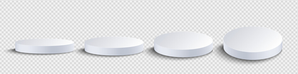 White matte round podium, winner platform or product display from different angles.