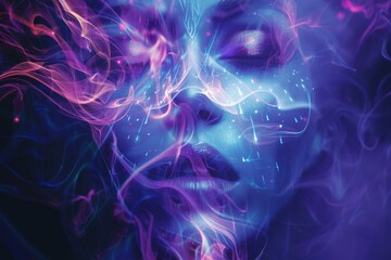 Surreal Digital Art Portrait of a Woman with Vibrant Neon Colors and Ethereal Smoke