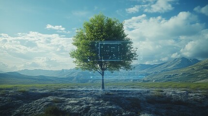 Solitary tree with digital interface overlay in a vast natural landscape under a clear sky representing technology and nature integration