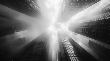 Foggy Cityscape with Towering Buildings and Lights: Urban Atmosphere