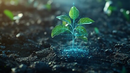 Young green sprout with digital holographic elements on fertile soil, symbolizing technological advancement in agriculture and growth.
