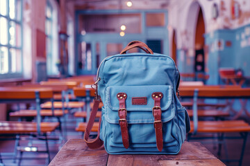 Black backpack on a wooden table with a blurred background, close-up. concept of back to school