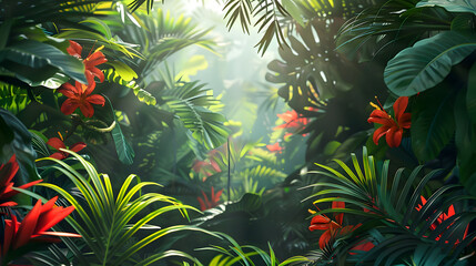 Jungle vibes with dense foliage, jungle with exotic plants and vibrant flowers background,generative ai