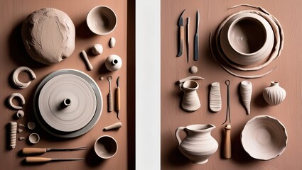 Pottery tools and clay setup on a wooden table with blank space for text