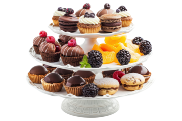 A variety of delicious sweet canapes, isolated on a white background.