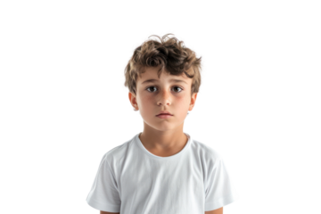 Confident boy with a determined pose, wearing a white t-shirt, isolated on a white background.